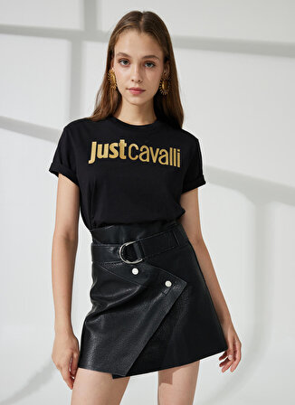 Just Cavalli Bisiklet Yaka Baskılı Siyah Kadın T-Shirt 74PBHF00