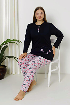 Slim Fit Uzun Kollu %100 Pamuk Kadın Pijama Takımı-Geniş Beden Aralığı 
