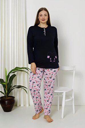 Slim Fit Uzun Kollu %100 Pamuk Kadın Pijama Takımı-Geniş Beden Aralığı 