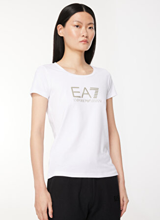 EA7 Bisiklet Yaka Düz Beyaz Kadın T-Shirt 8NTT66