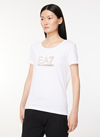 EA7 Bisiklet Yaka Düz Beyaz Kadın T-Shirt 8NTT67
