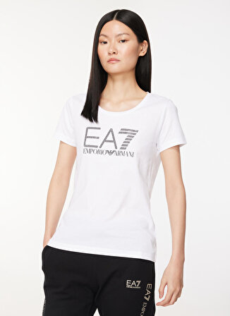 EA7 Bisiklet Yaka Düz Beyaz Kadın T-Shirt 6RTT29