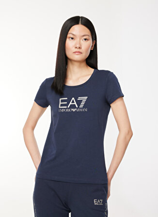 EA7 Bisiklet Yaka Düz Mavi - Lacivert Kadın T-Shirt 8NTT66