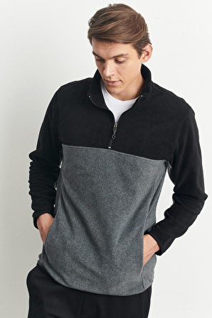Erkek Siyah-Açık Melanj Anti-Pilling Tüylenme Yapmayan Standart Fit Dik Yaka Polar Sweatshirt