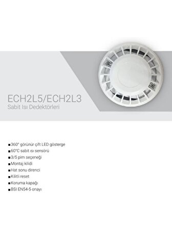 EDS ECH2L5 5 Pimli Çift LED Göstergeli BSI EN54-5 Onaylı Isı Dedektörü