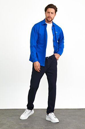 Erkek Çıtçıt Detaylı Slim Fit Sweatshirt Dış Gömlek Saks