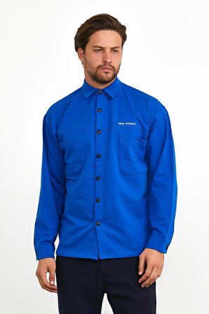 Erkek Çıtçıt Detaylı Slim Fit Sweatshirt Dış Gömlek Saks