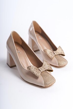 Klasik Topuklu Büyük Numara Bayan Fiyonk Taşlı Ayakkabı