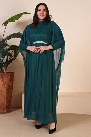 Kadın Buyuk Beden Abiye Elbise Pelerinli ve Simli