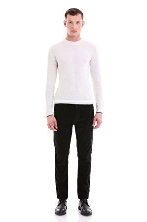 Ekru Regular Fit Düz Bisiklet Yaka Yünlü Casual Triko Kazak | XL