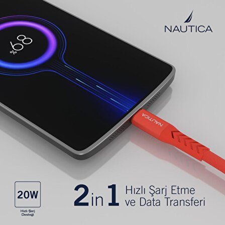Nautica C50 USB-C to Lightning PD 20W Hızlı Şarj ve Data Kablosu 1.2M Kırmızı