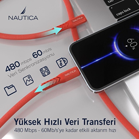 Nautica C50 USB-C to Lightning PD 20W Hızlı Şarj ve Data Kablosu 1.2M Kırmızı