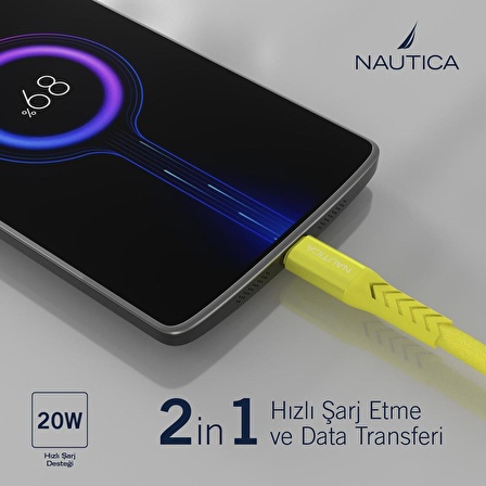 Nautica C50 USB-C to Lightning PD 20W Hızlı Şarj ve Data Kablosu 2.1M Sarı