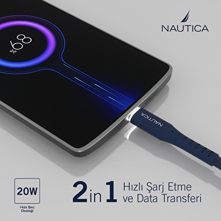 Nautica C55 PD USB-C to Lightning 20W Led Işıklı Şarj ve Data Kablosu 1.2M Navy