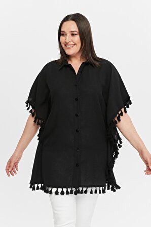 Kadın Büyük Beden Ekstra Rahat Kalıp Püskül Detaylı Siyah Panço & Gömlek