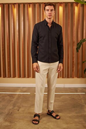 Erkek Kolay Ütülenebilir Oxford Slim Fit Gömlek Siyah MARS36