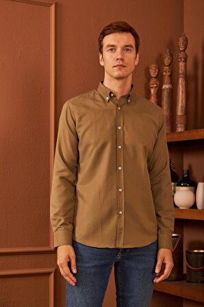 Erkek Kolay Ütülenebilir Oxford Slim Fit Gömlek Haki MARS36