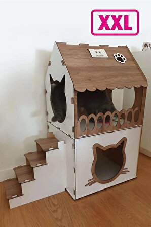 Mavitrend Büyük Kedi Evi Xxl Teraslı Kedi Evi 5kg Ve Üzeri Kediler Için XXL Kahve - Beyaz