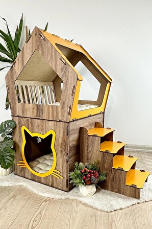 Mavitrend Ahşap Büyük Kedi Evi XXL Açık Teraslı Model 5 Kg Üstü Kediler İçin Sarı -Kahverengi  Renk