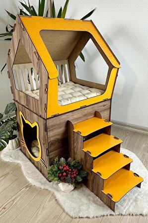Mavitrend Ahşap Büyük Kedi Evi XXL Açık Teraslı Model 5 Kg Üstü Kediler İçin Sarı -Kahverengi  Renk
