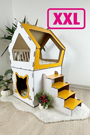 Mavitrend Ahşap Büyük Kedi Evi XXL Açık Teraslı Model 5 Kg Üstü Kediler İçin Beyaz- Sarı Renk