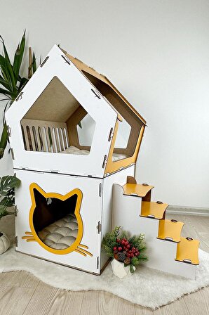 Mavitrend Ahşap Büyük Kedi Evi XXL Açık Teraslı Model 5 Kg Üstü Kediler İçin Beyaz- Sarı Renk