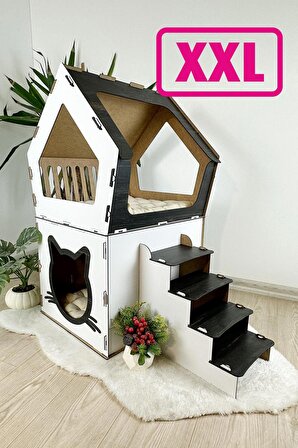 Mavitrend Ahşap Büyük Kedi Evi XXL Açık Teraslı Model 5 Kg Üstü Kediler İçin Beyaz- Siyah Renk