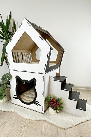 Mavitrend Ahşap Büyük Kedi Evi XXL Açık Teraslı Model 5 Kg Üstü Kediler İçin Beyaz- Siyah Renk