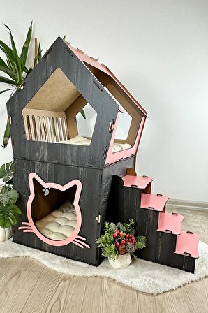 Mavitrend Ahşap Büyük Kedi Evi XXL Açık Teraslı Model 5 Kg Üstü Kediler İçin Pembe - Siyah Renk