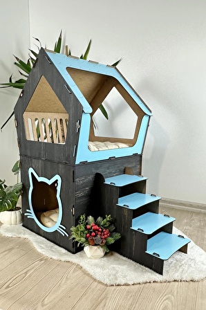 Mavitrend Ahşap Büyük Kedi Evi XXL Açık Teraslı Model 5 Kg Üstü Kediler İçin Mavi - Siyah Renk
