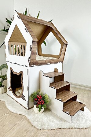 Mavitrend Ahşap Büyük Kedi Evi XXL Açık Teraslı Model 5 Kg Üstü Kediler İçin Kahve- Beyaz Renk