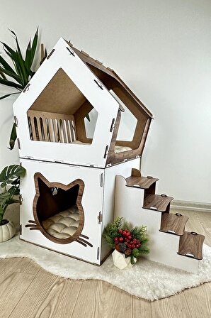 Mavitrend Ahşap Büyük Kedi Evi XXL Açık Teraslı Model 5 Kg Üstü Kediler İçin Kahve- Beyaz Renk