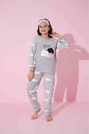 Kız Çocuk Garson Boy Bulut Desen Gri Kışlık Polar Pijama Takımı -2302