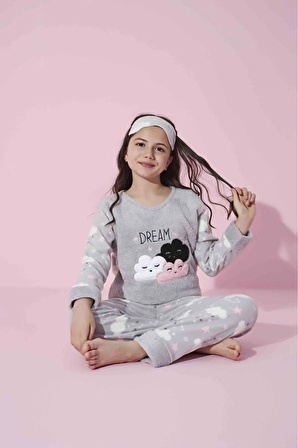 Kız Çocuk Garson Boy Bulut Desen Gri Kışlık Polar Pijama Takımı -2302