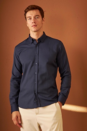 Erkek Kolay Ütülenebilir Oxford Slim Fit Gömlek Lacivert MARS36