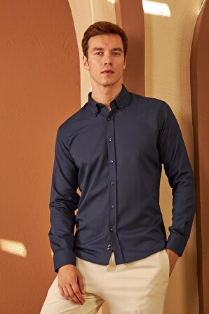 Erkek Kolay Ütülenebilir Oxford Slim Fit Gömlek Lacivert MARS36