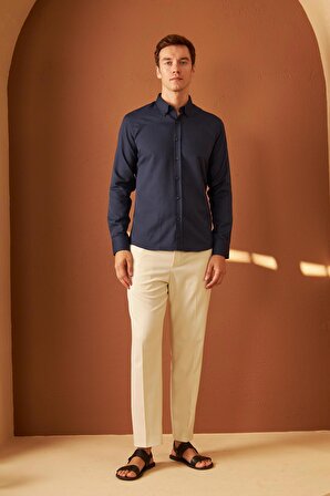 Erkek Kolay Ütülenebilir Oxford Slim Fit Gömlek Lacivert MARS36