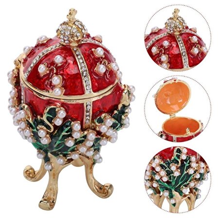 Faberge Yumurta Swarovski Taşlı Lüks Mücevher Kutusu Kırmızı 8 cm