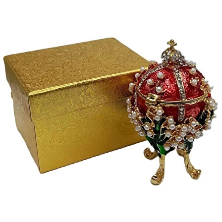 Faberge Yumurta Swarovski Taşlı Lüks Mücevher Kutusu Kırmızı 8 cm