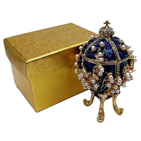 Faberge Yumurta Swarovski Taşlı Lüks Mücevher Kutusu Mavi 8 cm