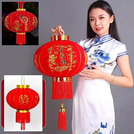 Çin Feneri Festival Parti Dekorasyon Düğün Feneri Kırmızı Kadife Yuvarlak 40 cm