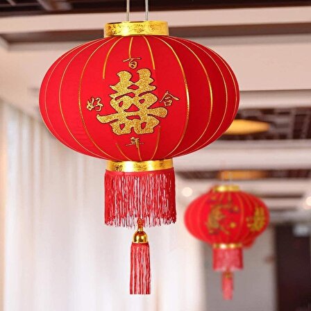 Çin Feneri Festival Parti Dekorasyon Düğün Feneri Kırmızı Kadife Yuvarlak 60 cm