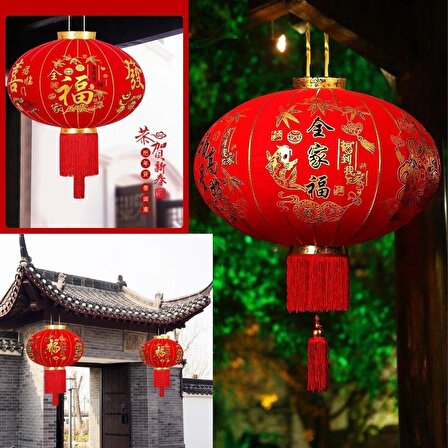 Çin Feneri Festival Parti Dekorasyon Düğün Feneri Kırmızı Kadife Yuvarlak 80 cm
