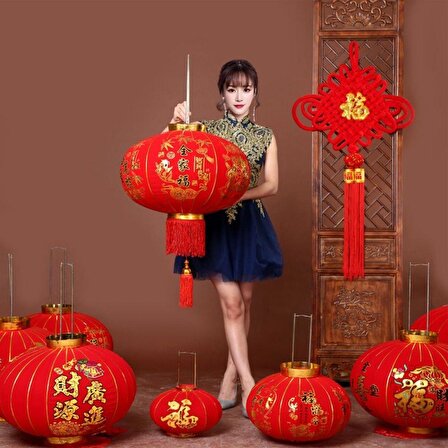Çin Feneri Festival Parti Dekorasyon Düğün Feneri Kırmızı Kadife Yuvarlak 80 cm