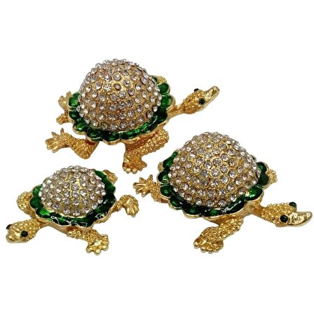 Swarovski Taşlı Yeşil Kaplumbağa Mücevher Kutusu Üçlü Set