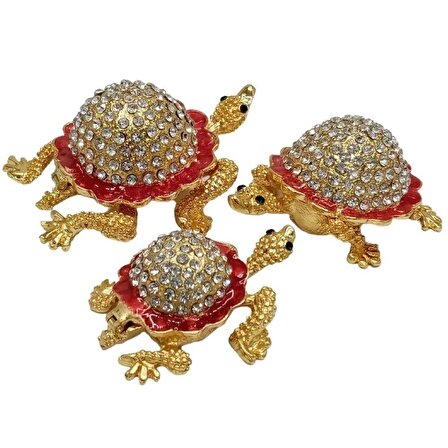 Swarovski Taşlı Kırmızı Kaplumbağa Mücevher Kutusu Üçlü Set