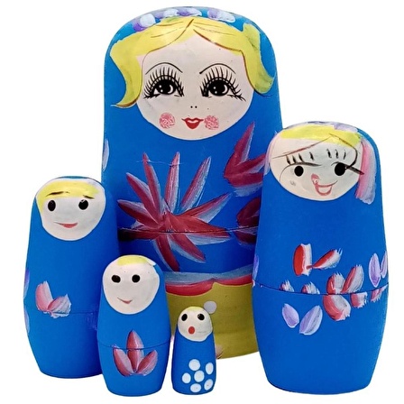 Ahşap Matruşka Bebek Beşli Set Mavi Sarı