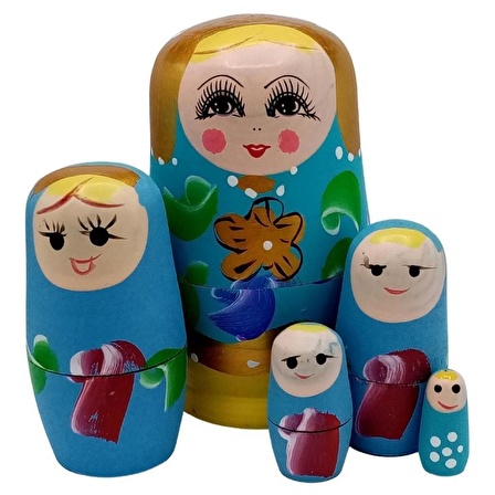 Ahşap Matruşka Bebek Beşli Set Agua Mavi Sarı