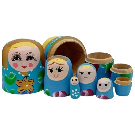 Ahşap Matruşka Bebek Beşli Set Agua Mavi Sarı