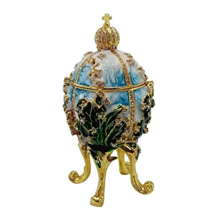 Faberge Yumurta Swarovski Taşlı Lüks Mücevher Kutusu Mavi Yeşil 12cm HEDİYELİ